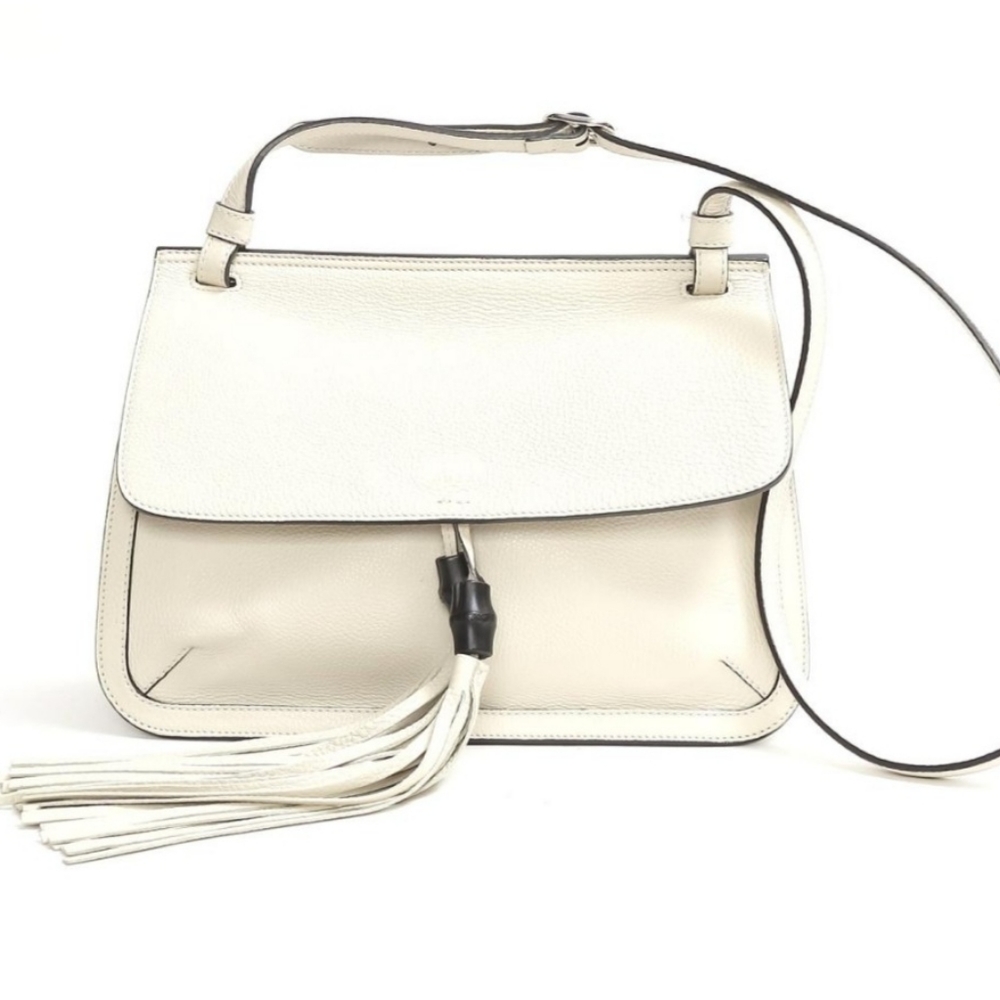 GUCCI Daily Bamboo Tassel Shoulder Handbag Bag White Cream NEW